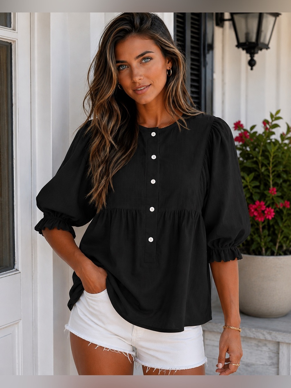 Black summer cotton linen half sleeve dressy top Medium